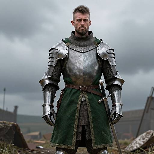 Medieval Knight in Armor with Sword on Overcast Background