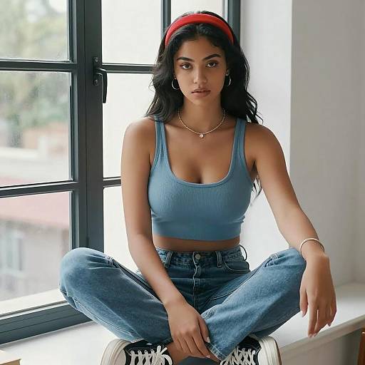 Young Woman in Casual Denim Outfit Sitting by Window