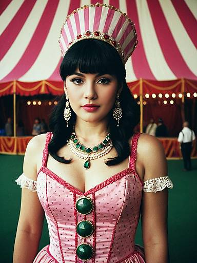 Woman in Pink Circus Costume with Jewelry and Hat