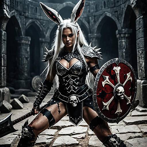 Fierce Female Warrior in Dark Spiked Armor with Battle Axe and Shield in Gothic Ruins