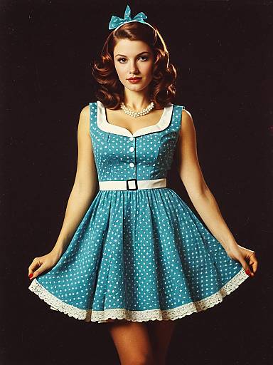 Woman in Retro 1950s Style Blue Polka Dot Party Dress Costume