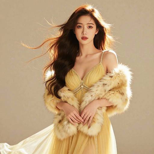 Glamorous Young Woman in Yellow Evening Gown with Fur Stole
