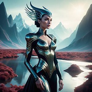 Regal Woman in Metallic Costume in Surreal Landscape