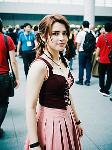 Woman in Aerith Cosplay Costume Candid Portrait at Cosplay Convention