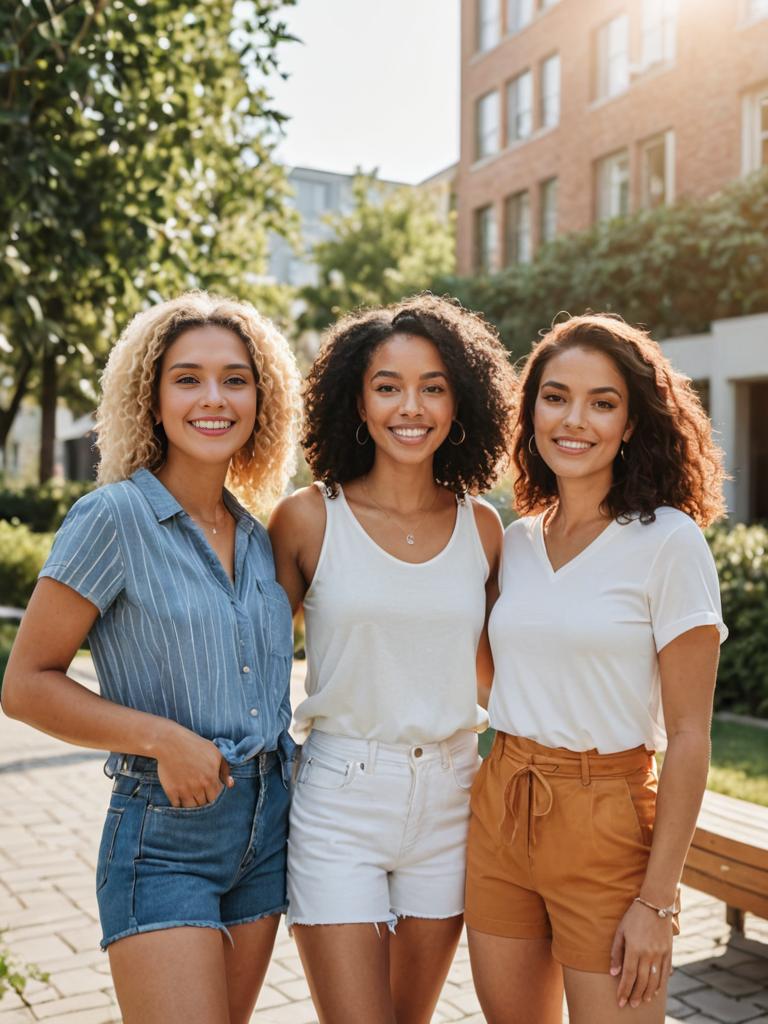 Smiling Women in Sunlit Urban Park