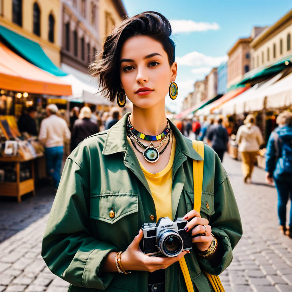 Stylish Woman with Vintage Camera at Outdoor Market