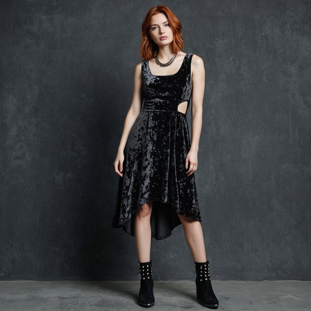 Confident Woman in Dark Charcoal Velvet Midi Dress Confident Woman in Dark Charcoal Velvet Midi Dress