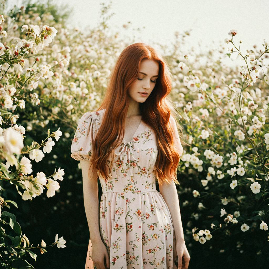 Serene Young Woman in Floral Dress in Sunlit Garden Serene Young Woman in Floral Dress in Sunlit Garden