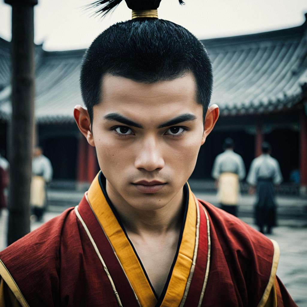 Portrait of Man in Aang Costume with Traditional Asian Temple Background