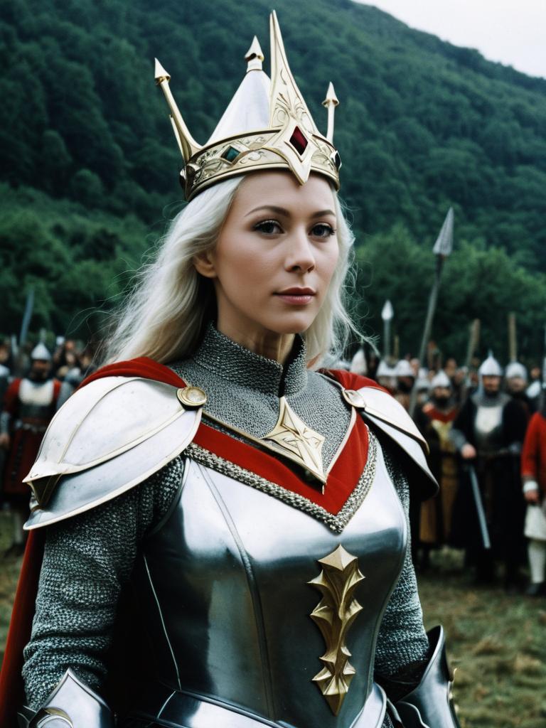 Woman in Regal Helen Mirren Excalibur Costume with Armor and Crown