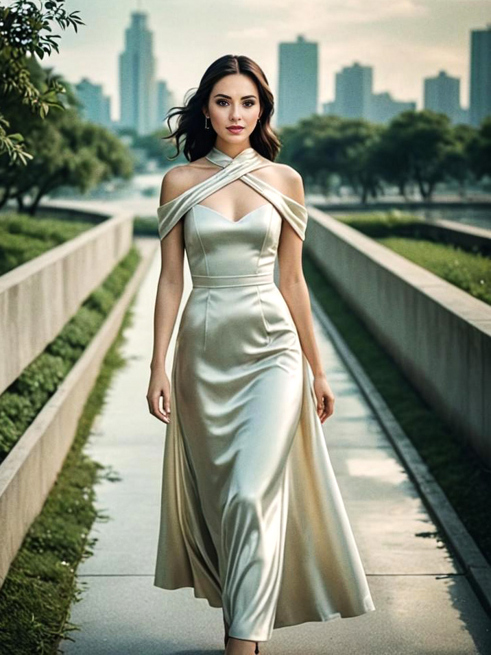 Elegant Woman in Satin Gown Amidst City Skyline