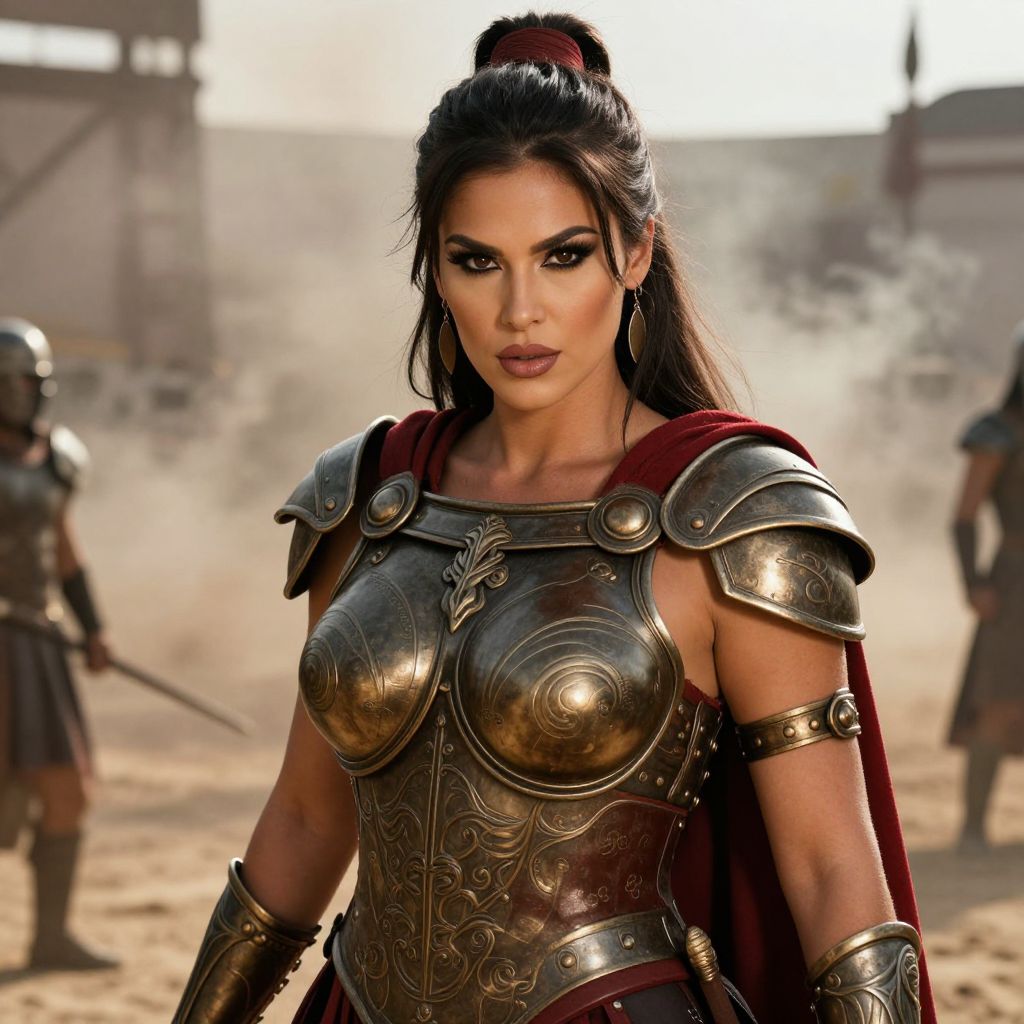 Ancient Warrior Woman in Bronze Armor with Red Cape on Battlefield