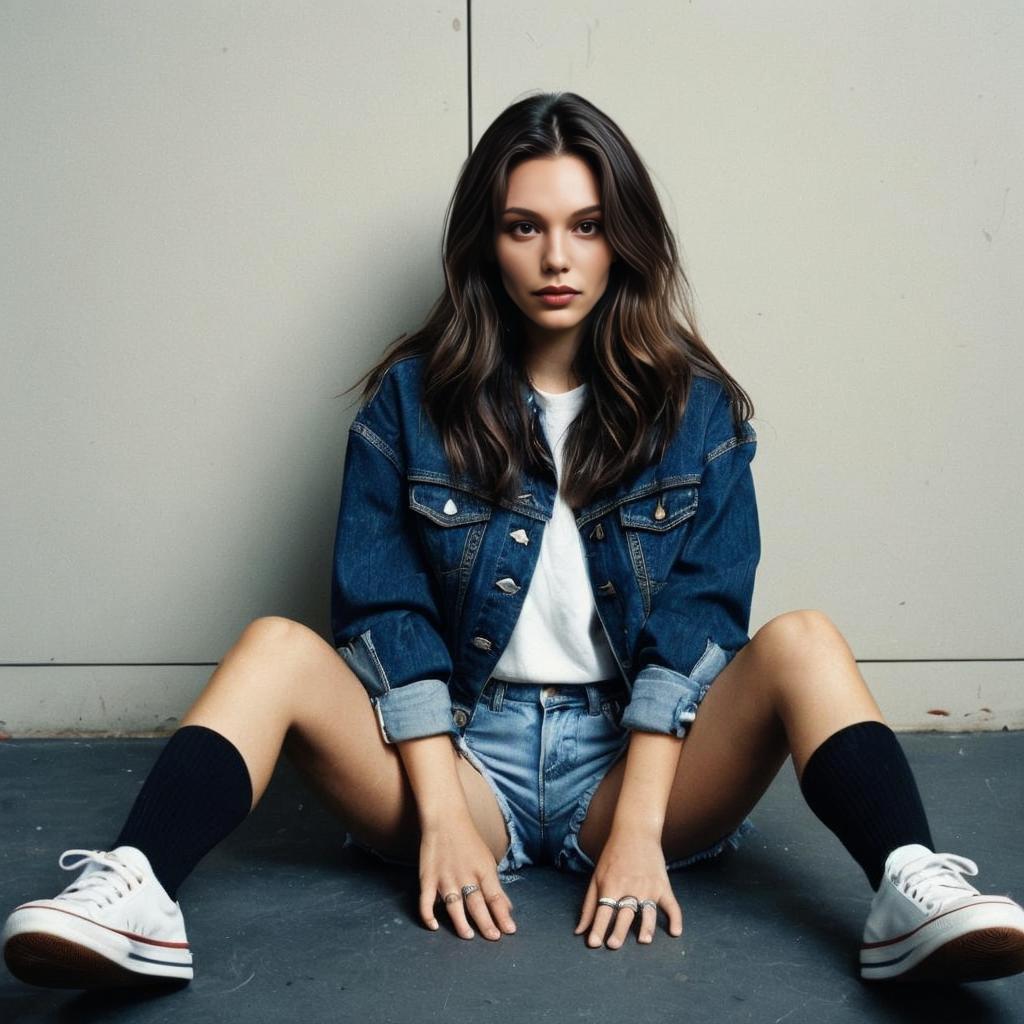 Young Woman in Denim Jacket and Shorts Sitting on Floor with Urban Style Young Woman in Denim Jacket and Shorts Sitting on Floor with Urban Style