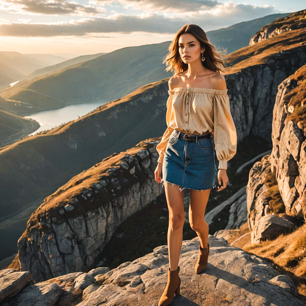 Woman in Chic Outfit at Mountain Sunset