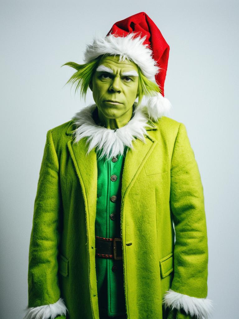 Photorealistic Grinch Costume Man in Green Coat and Santa Hat