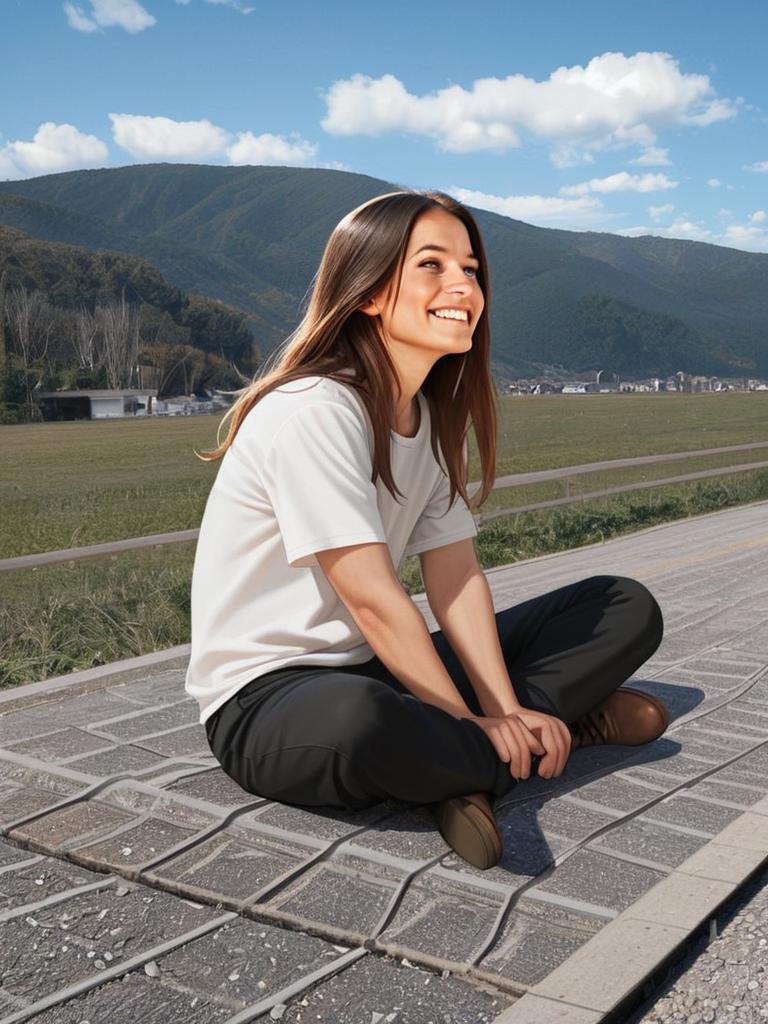 Smiling Young Woman Sitting Outdoors in Casual Outfit with Scenic Mountain Background