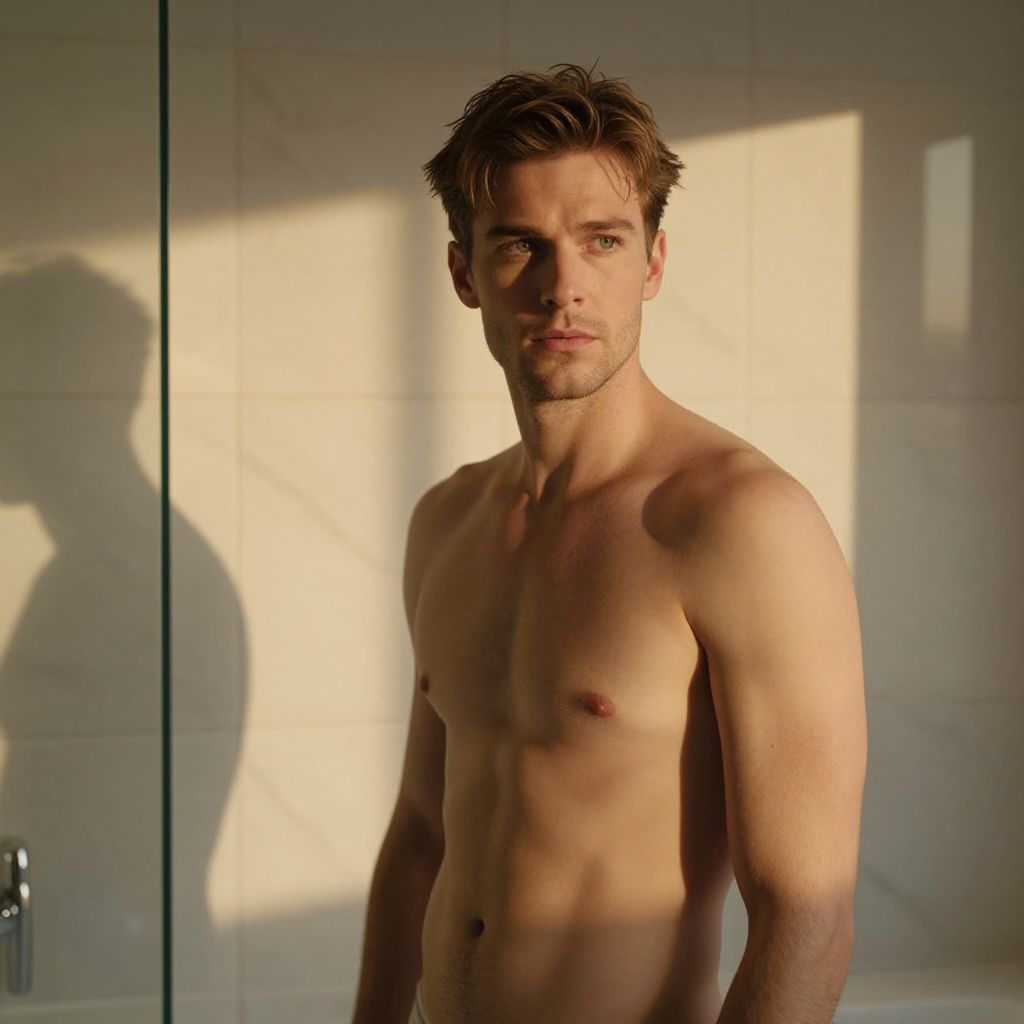 Shirtless Man in Warm Light Standing in Bathroom