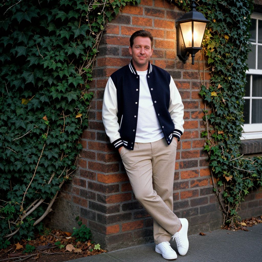 Casual Man Leaning on Ivy-Covered Brick Wall in Varsity Jacket