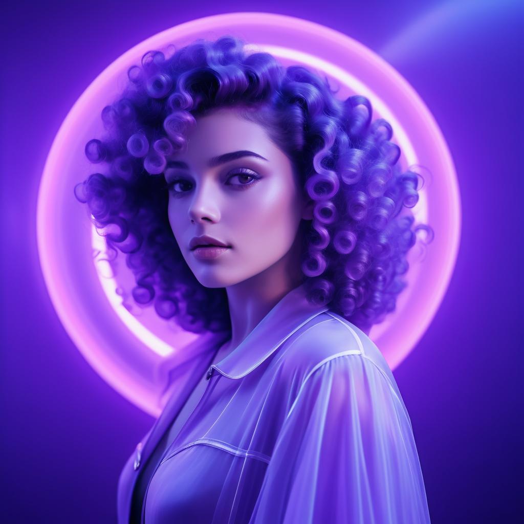 Woman with Vibrant Curly Hair in Neon Light