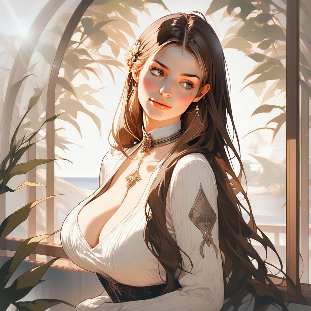 Woman by Sunlit Window in Elegant Dress