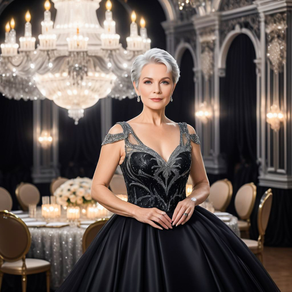 Elegant Woman in Black Gown at Lavish Ballroom