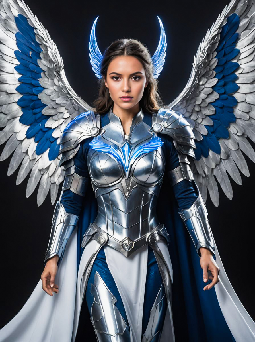 Striking Woman in Archangel Costume with Blue Wings