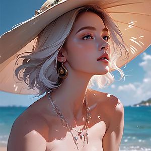 Young Woman in Sunhat at Beach