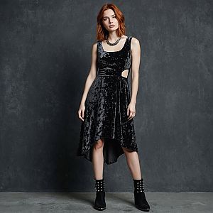 Confident Woman in Dark Charcoal Velvet Midi Dress