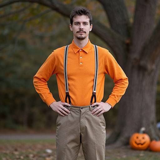 Man Wearing Orange Shirt with Suspenders Outdoors in Autumn with Pumpkin