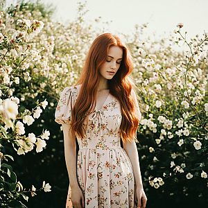 Serene Young Woman in Floral Dress in Sunlit Garden