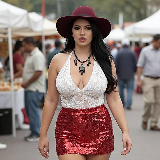 Stylish Woman in Red Sequin Skirt and White Lace Top at Outdoor Market