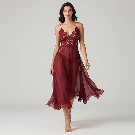 Elegant Woman Wearing Burgundy Sheer Lace Dress Fashion
