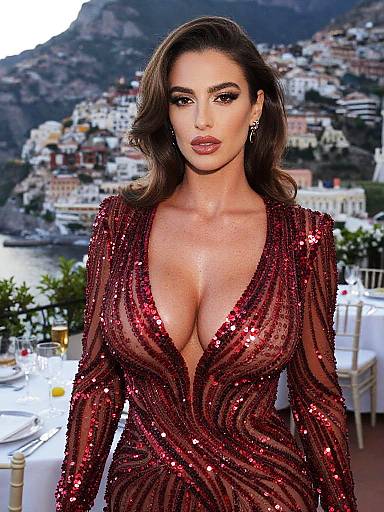 Woman in Glam Red Sequin Embellished Dress with Deep V Neckline