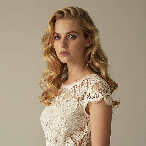 Elegant Blonde Woman in Intricate Lace Top Portrait