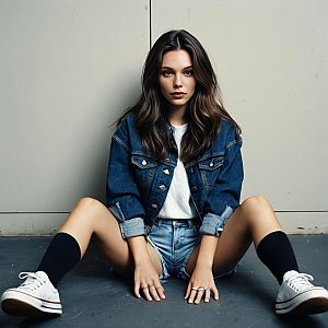 Young Woman in Denim Jacket and Shorts Sitting on Floor with Urban Style