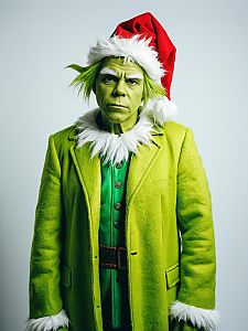 Photorealistic Grinch Costume Man in Green Coat and Santa Hat