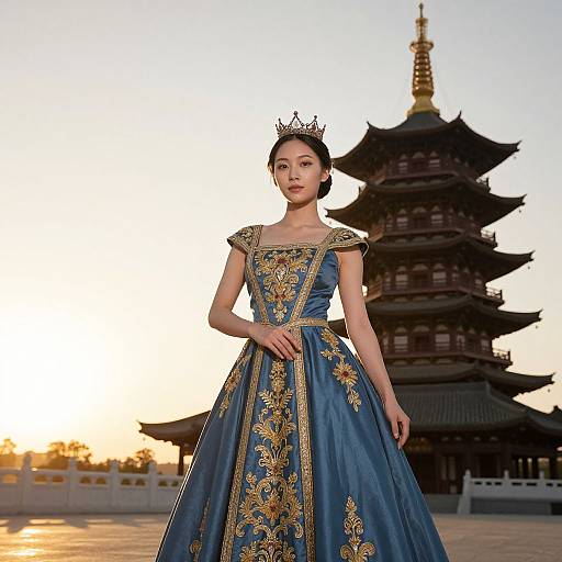 Elegant Woman in Blue Royal Gown with Crown by Traditional Pagoda at Sunset