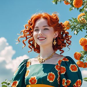 Smiling Woman with Curly Red Hair in Floral Dress