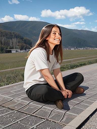Smiling Young Woman Sitting Outdoors in Casual Outfit with Scenic Mountain Background