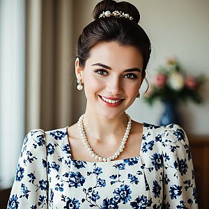 Elegant Young Woman in Floral Dress with Pearls