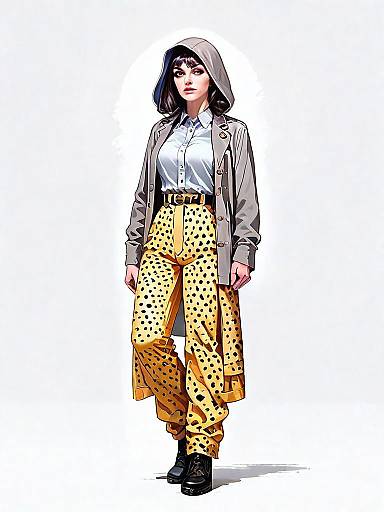 Stylish Woman in Hooded Jacket and Spotted Yellow Pants Comic Realistic Illustration
