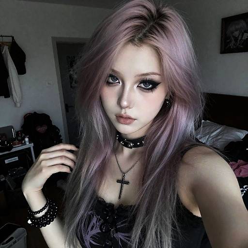 Gen Z Alternative Style Woman with Pastel Purple Hair and Edgy Makeup
