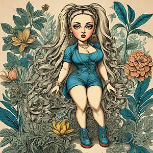 Stylized Woman in Blue Surrounded by Flowers