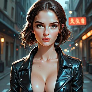 Hyperrealistic Digital Portrait of Woman in Black Leather Jacket on Urban Night Street