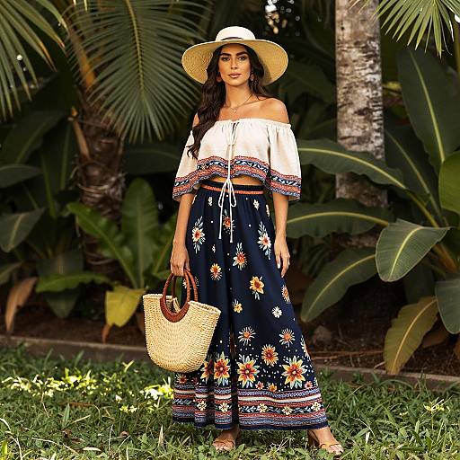 Bohemian Summer Outfit with Floral Skirt and Straw Hat