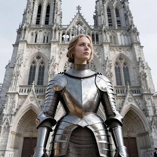 Woman in Medieval Armor in Front of Gothic Cathedral