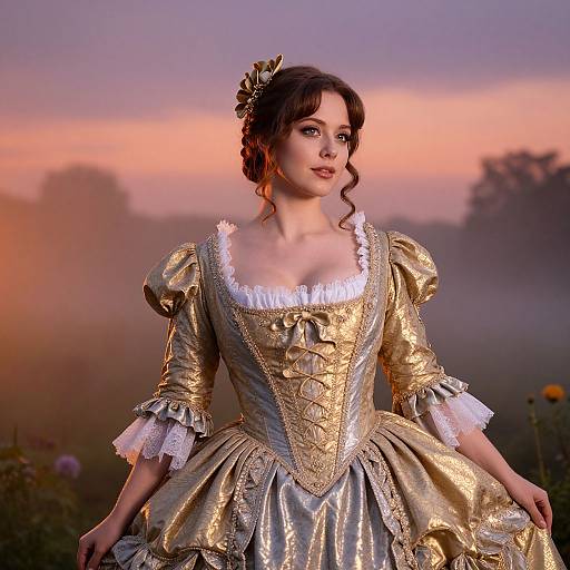 Elegant Woman in Gold 18th Century Style Historical Dress at Sunset