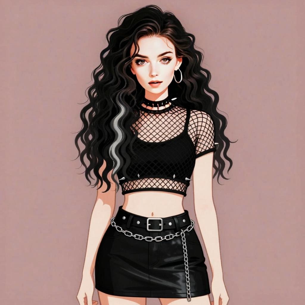 Edgy Gen Z Woman in Fishnet Top and Leather Skirt Digital Illustration