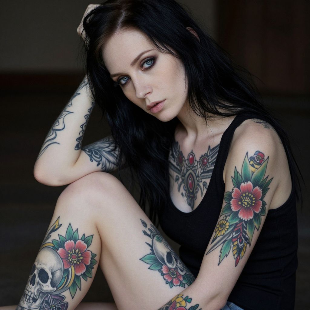 Tattooed Woman with Blue Eyes and Black Hair in Black Tank Top
