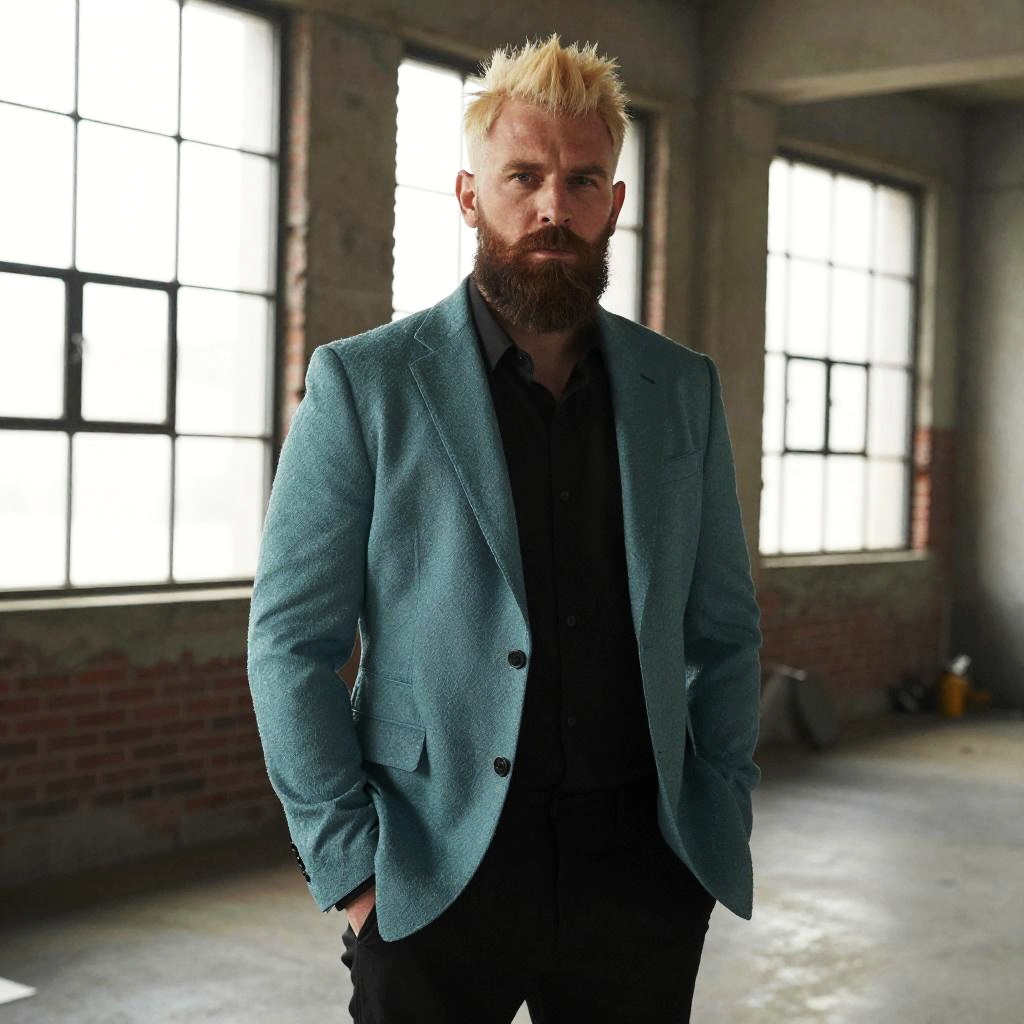 Bearded Man in Teal Blazer Posing in Industrial Loft